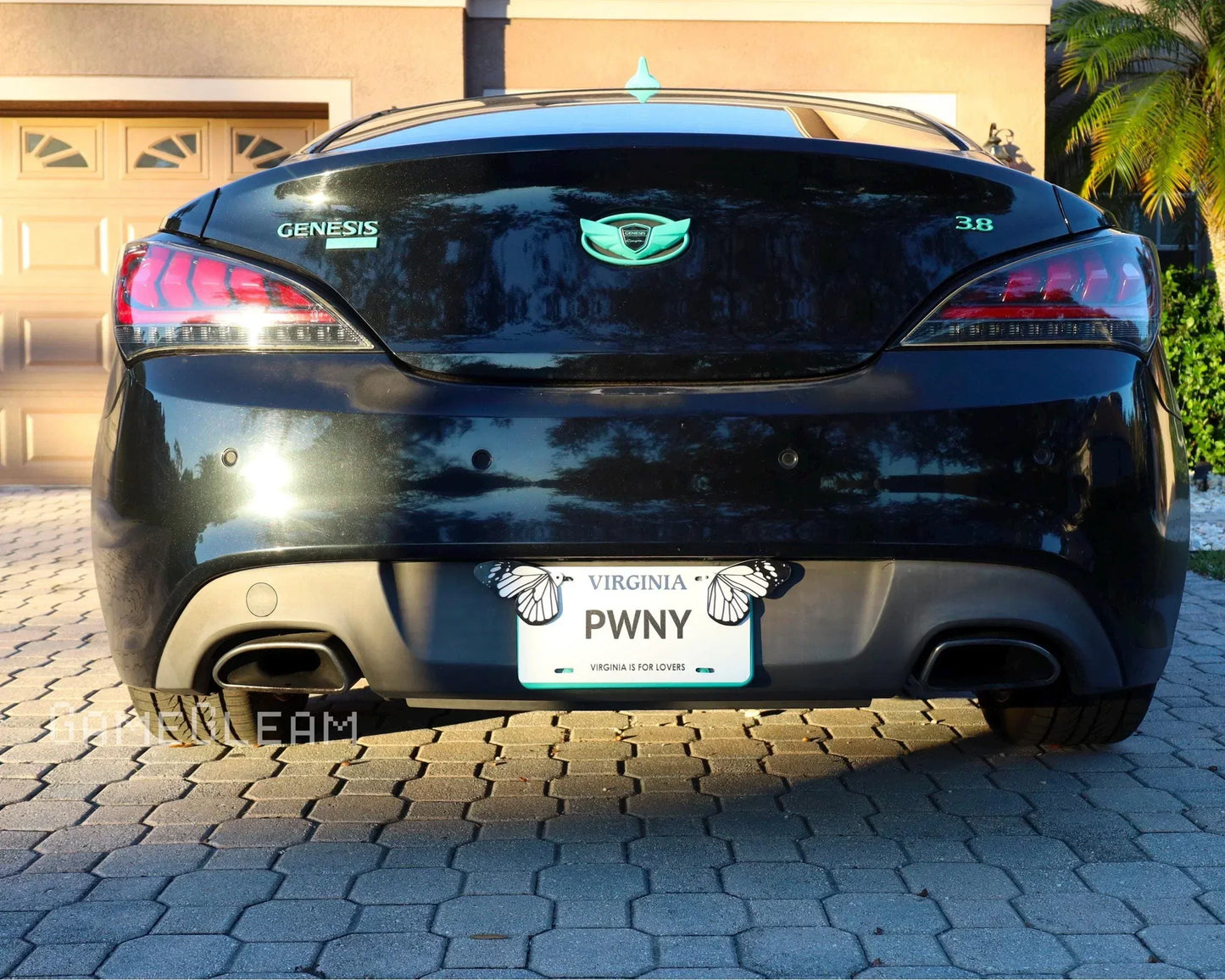 Rear view of a black Genesis car with butterfly Virginia license plate on driveway