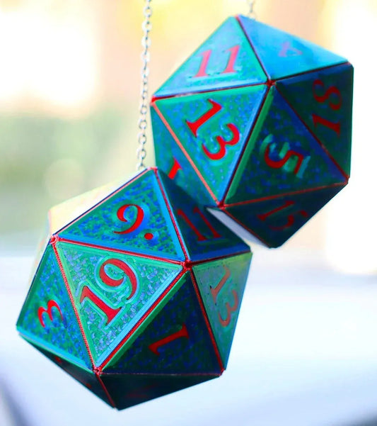 Holographic blue 20-sided dice car charm with red numbers on a hanging chain
