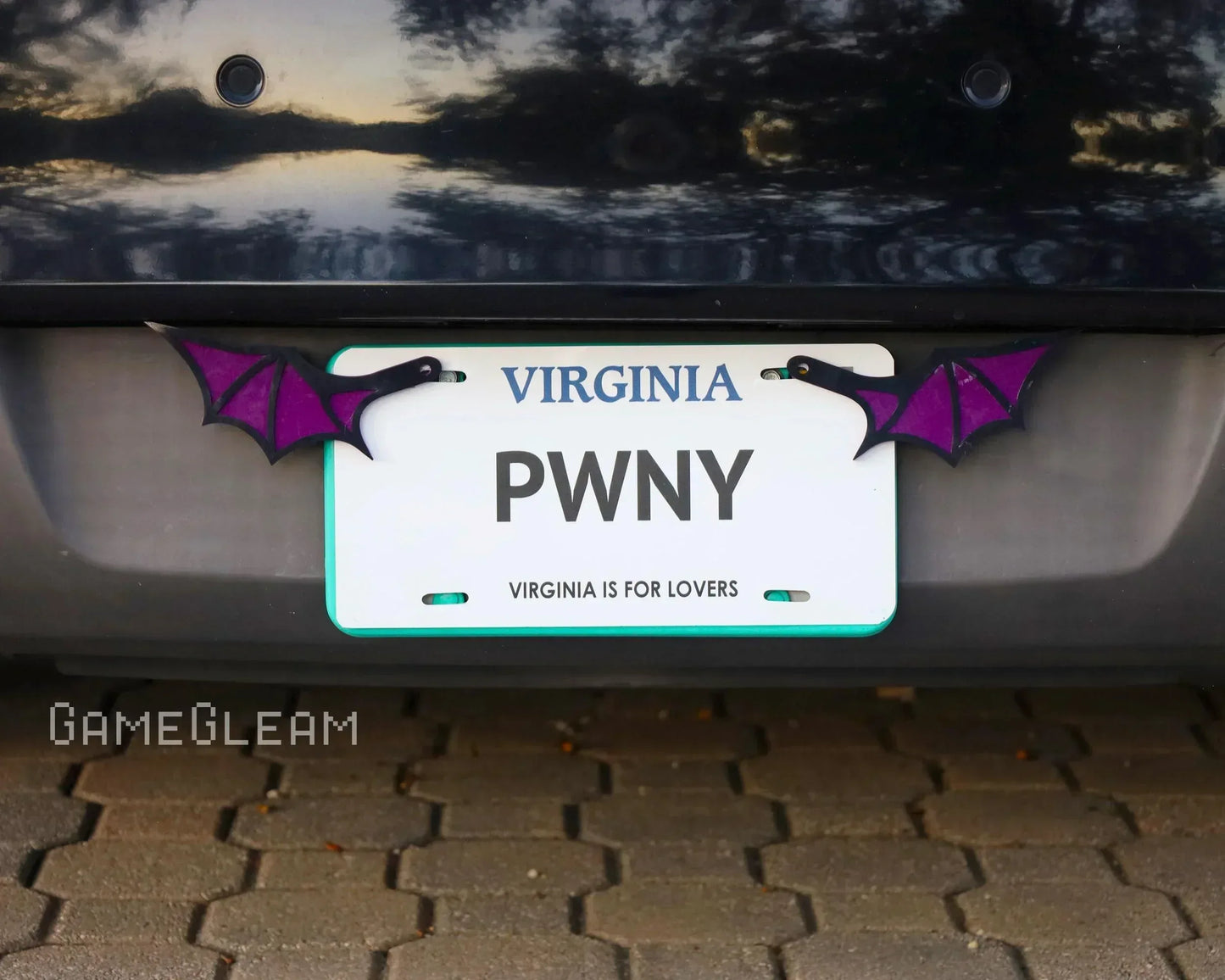 Virginia license plate with 'PWNY' text, decorated with purple bat wing car accessories.