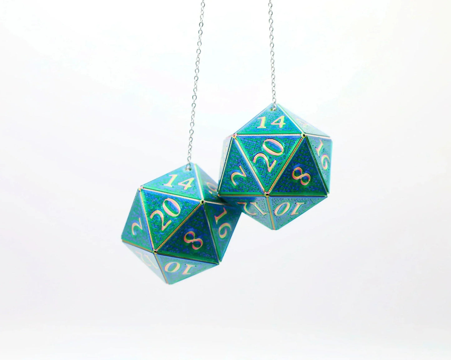 Holographic teal twenty-sided dice car charm with metallic numbers on a hanging chain.
