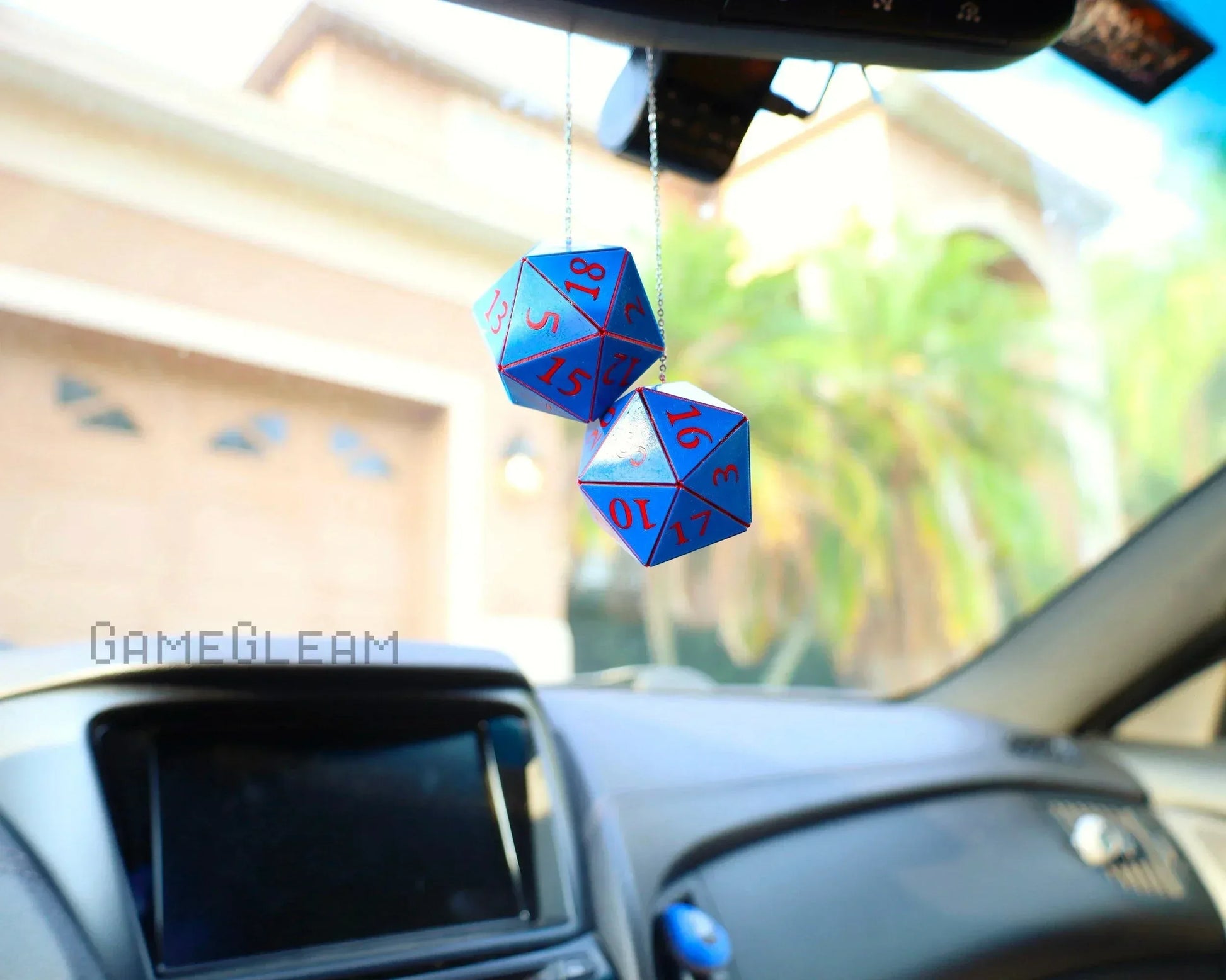 Blue and red 20-sided dice car rearview mirror hanging charm, gamer car accessory
