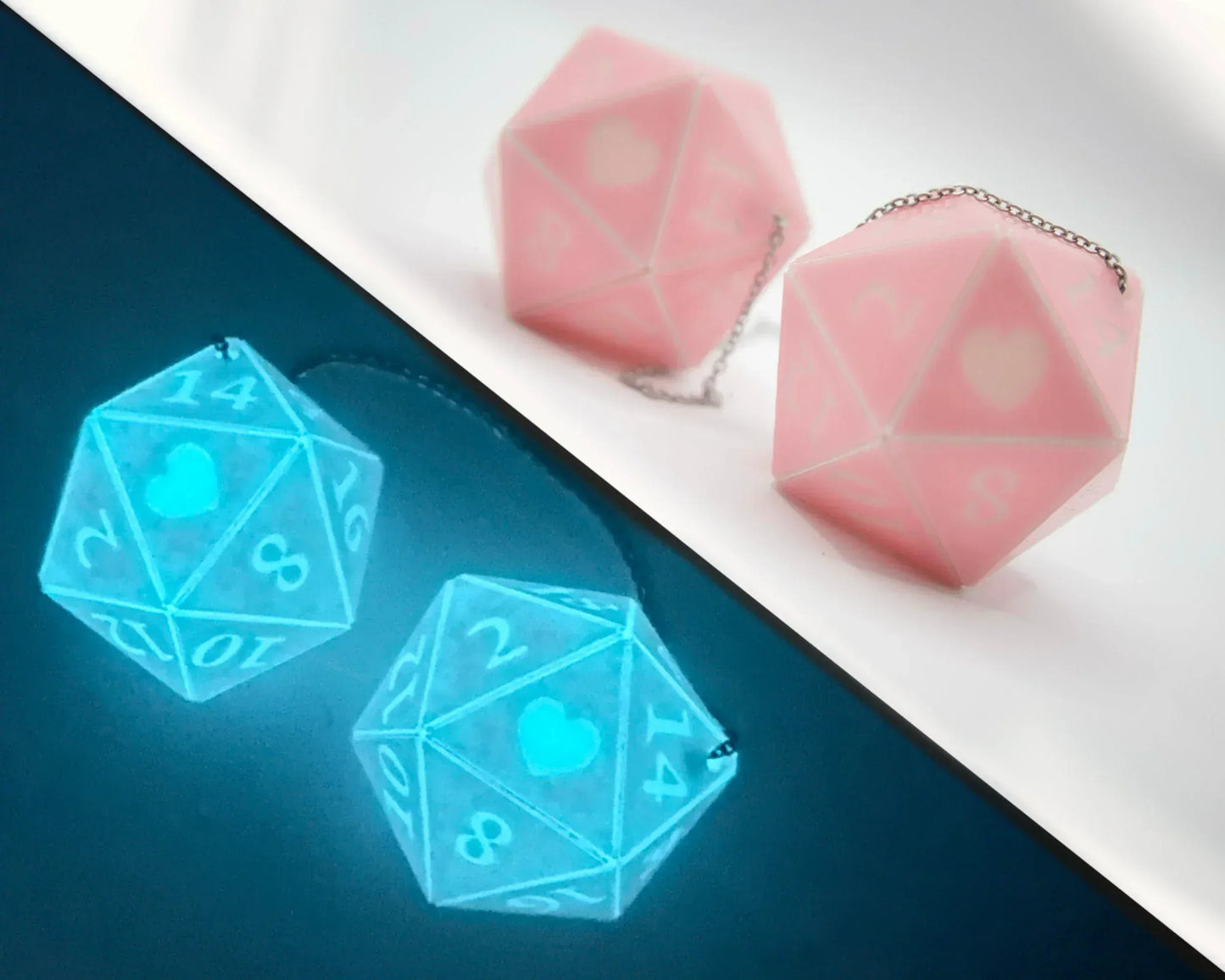 Pair of pink 20-sided dice charms with heart designs, glowing blue in the dark.