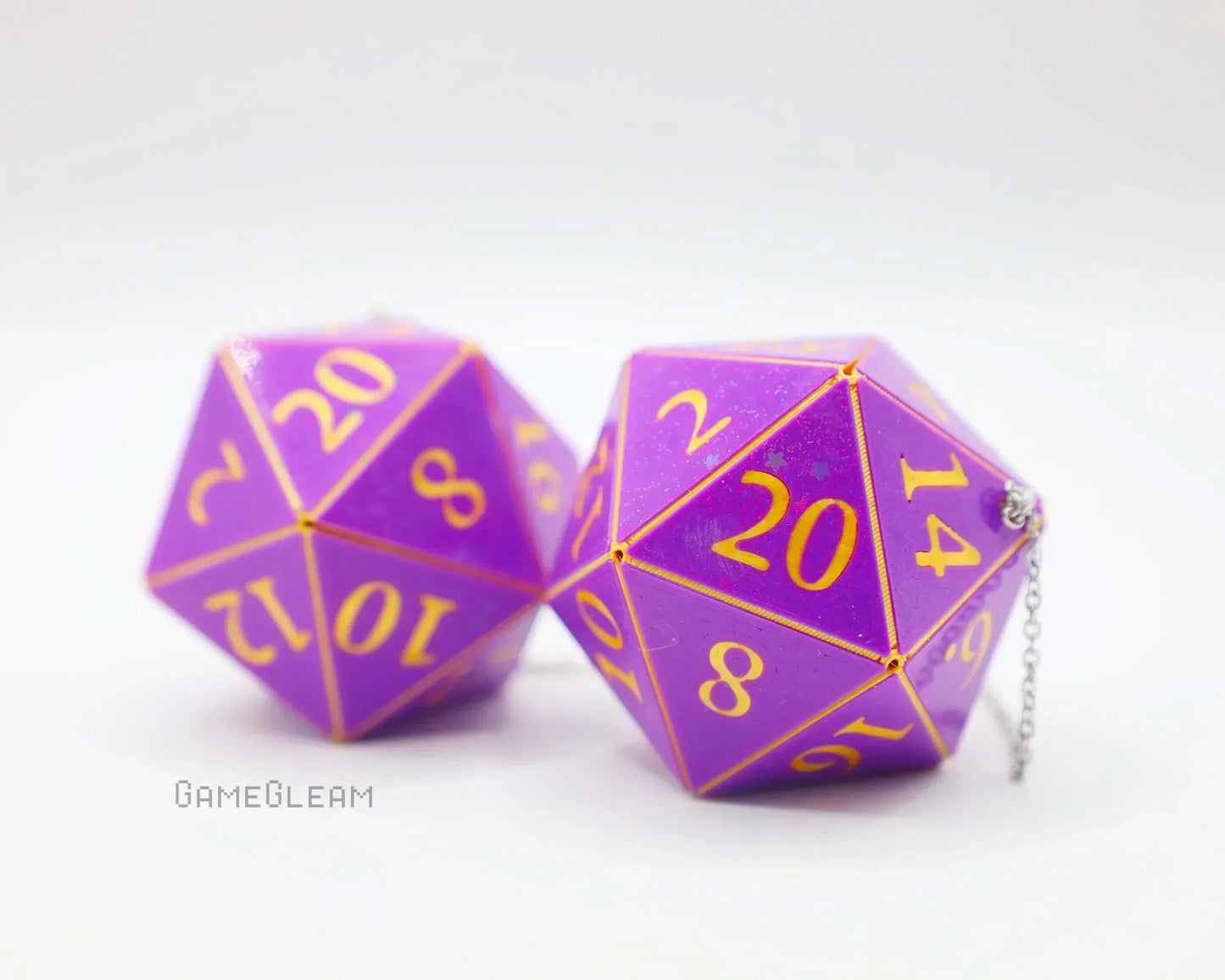 Purple twenty-sided dice with gold numbers and chain, gamer car accessory charm