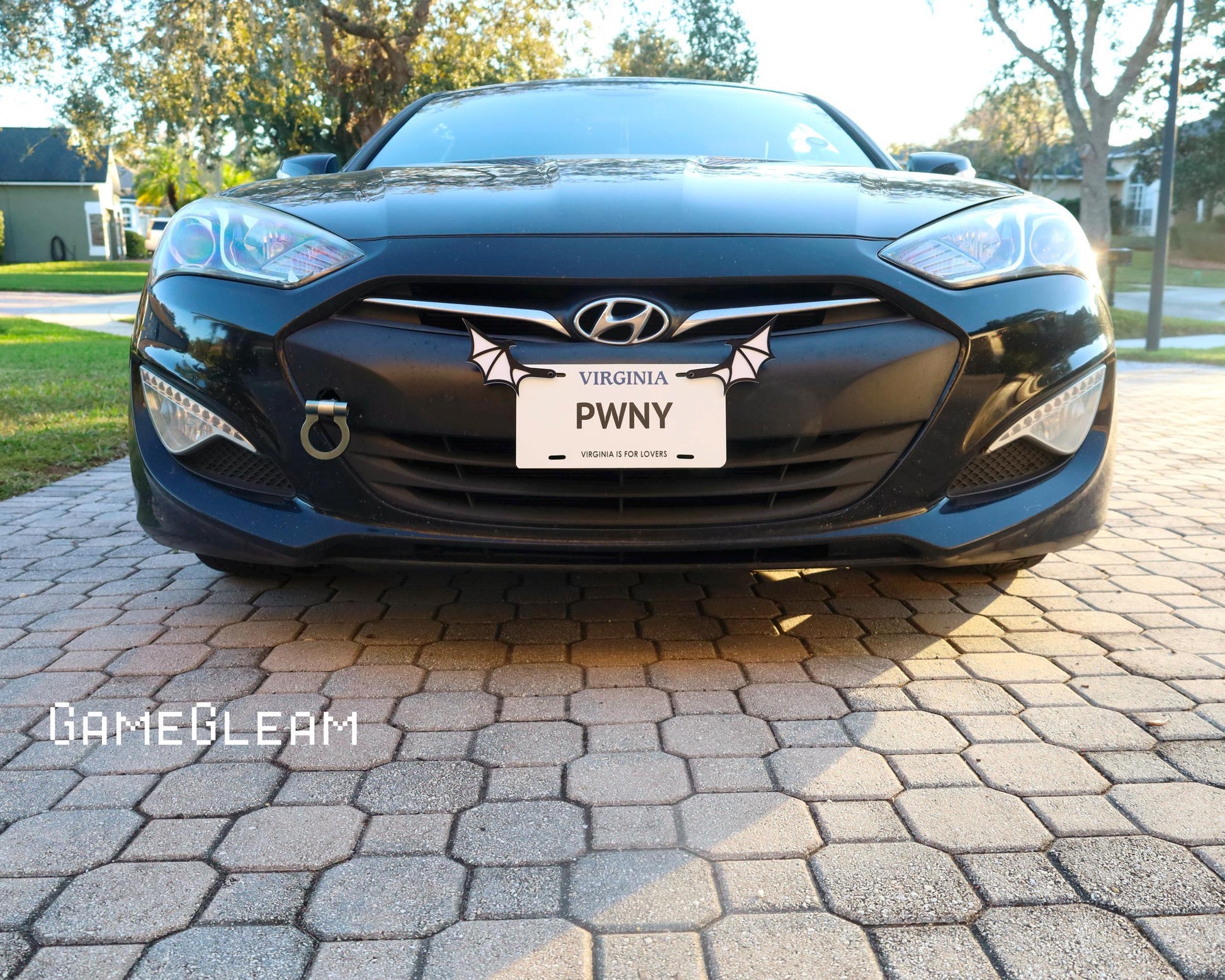 Black Hyundai car with custom license plate and fantasy-themed bat wing accent parked on brick driveway.