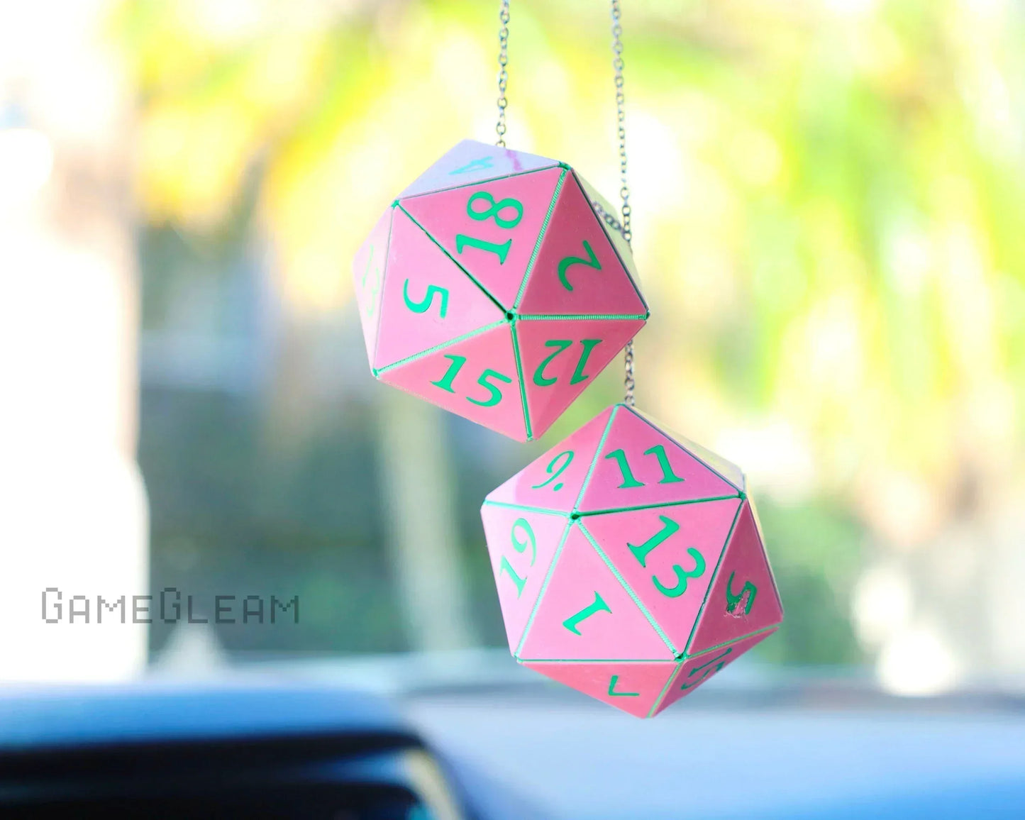 Pink 20-sided dice car hanging charms with teal numbers, handmade gamer car accessory