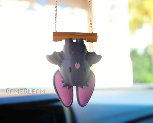 Cute bat car charm with pink ears hanging from rearview mirror, handmade gamer gift