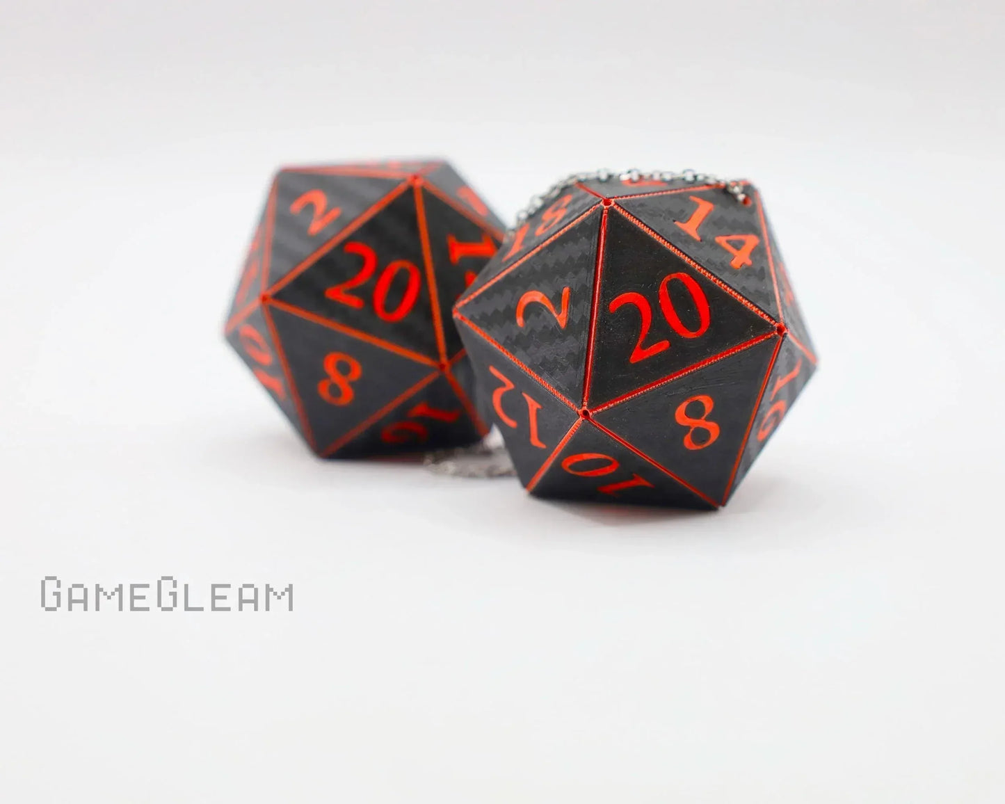 Handmade carbon fiber twenty-sided dice charms with red numbers and chain for tabletop gaming