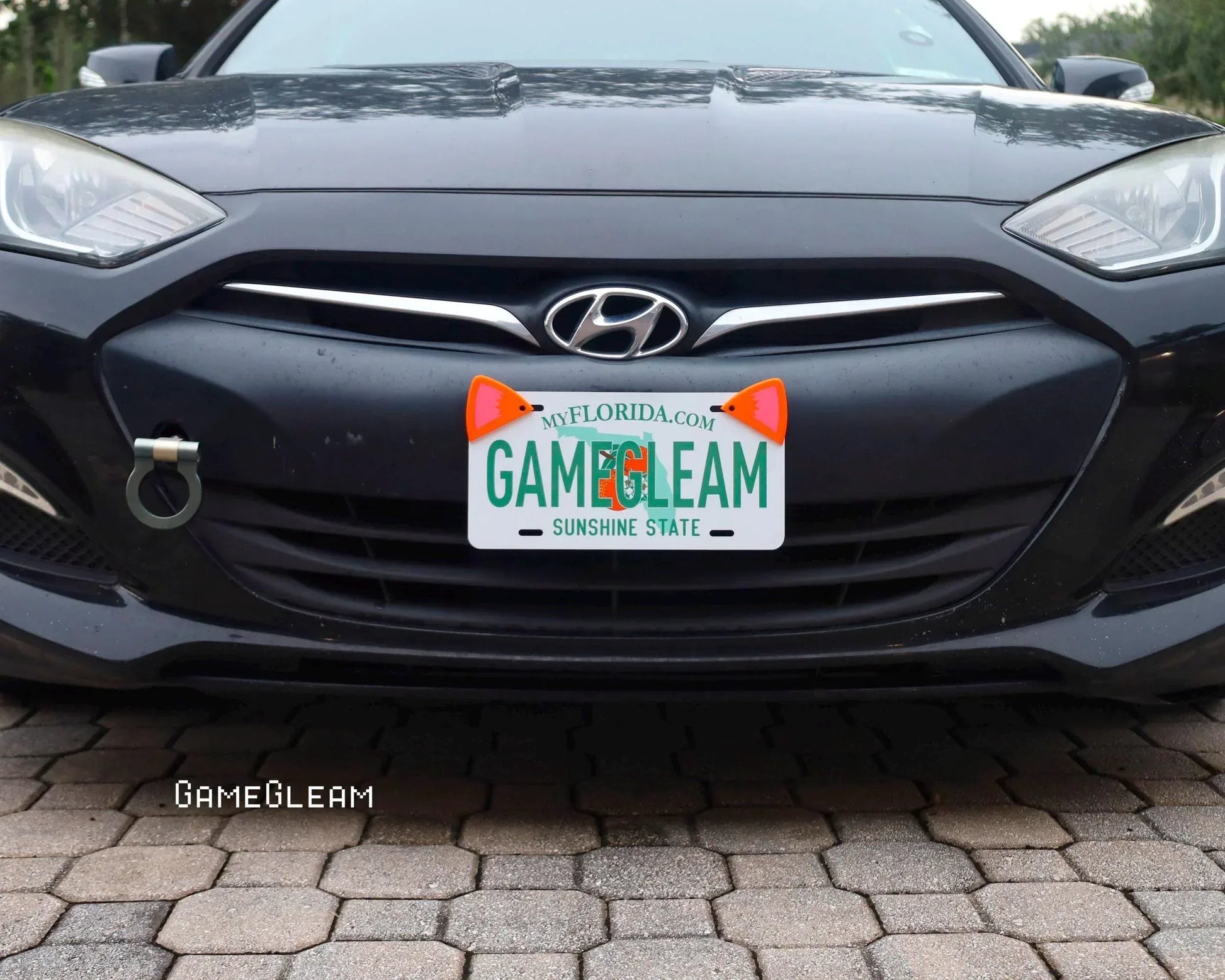 Close-up of a black Hyundai car with a novelty Florida license plate featuring bright orange dice charms.