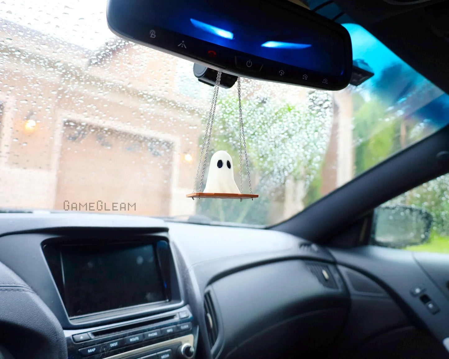 Cute ghost car charm hanging from rearview mirror, handmade accessory for gamers