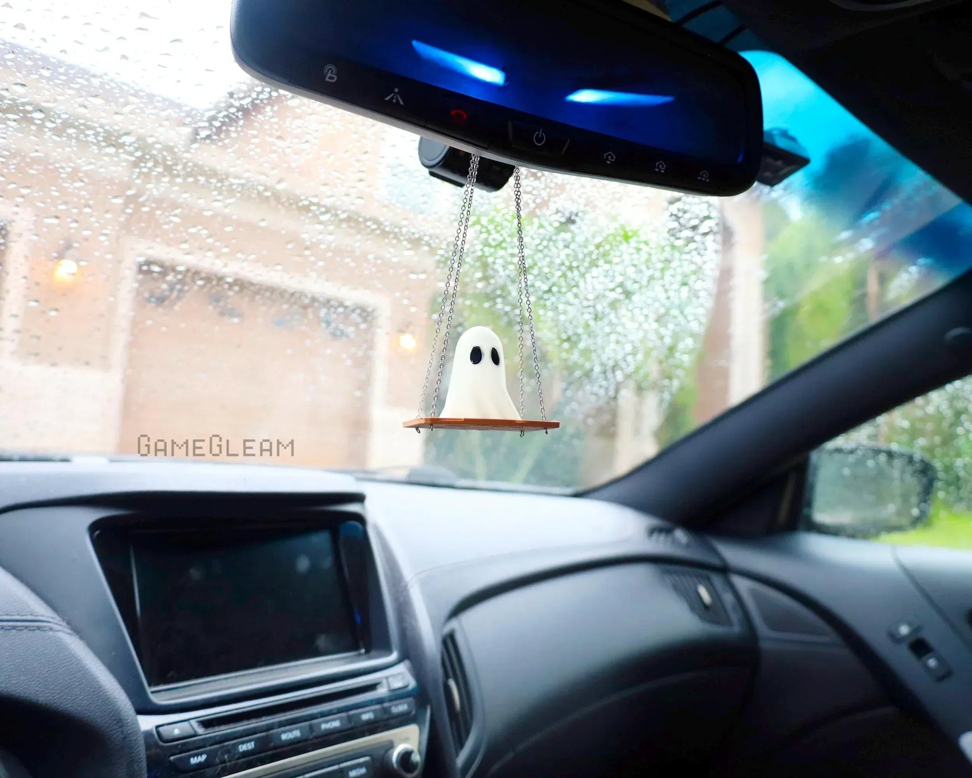 Cute ghost car charm hanging from rearview mirror, handmade accessory for gamers