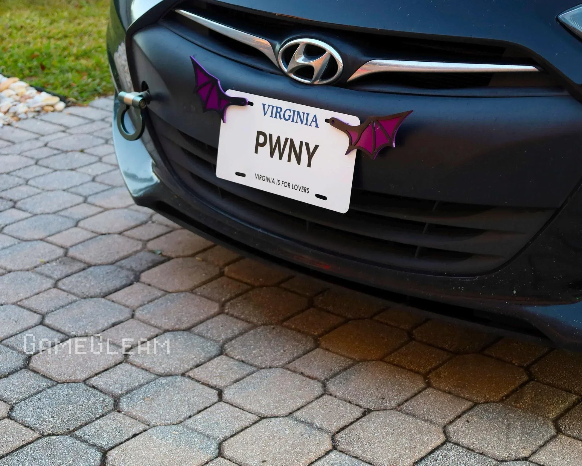 Car with a Virginia license plate, purple bat wing accents, parked on a stone driveway