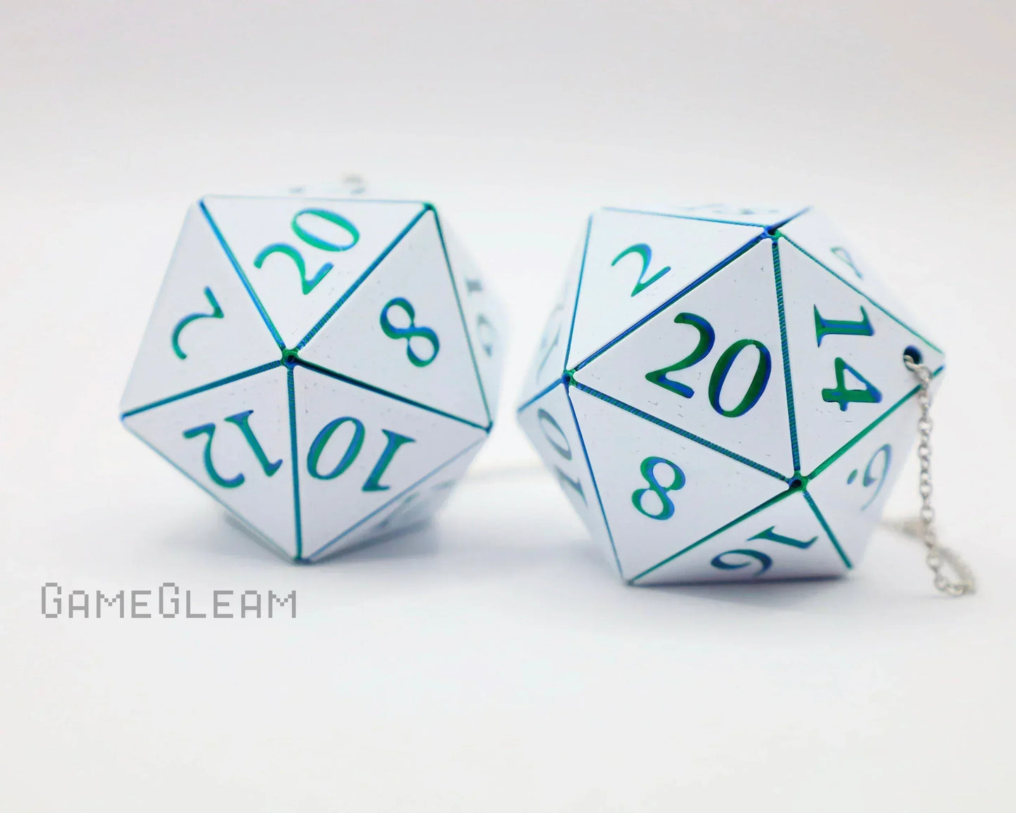 White twenty-sided dice with teal numbers and keychain, perfect for tabletop RPG gifts