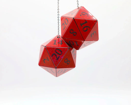 Handmade red twenty-sided dice car charm for tabletop RPG decor, hanging on a chain