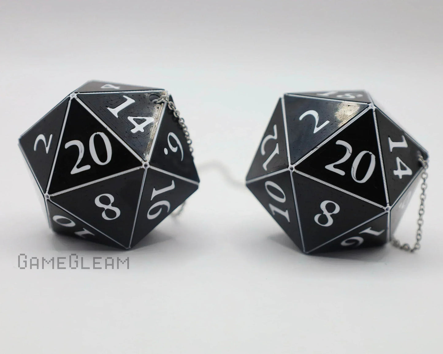 Black twenty-sided dice car hanging charms with white numbers and metal chains