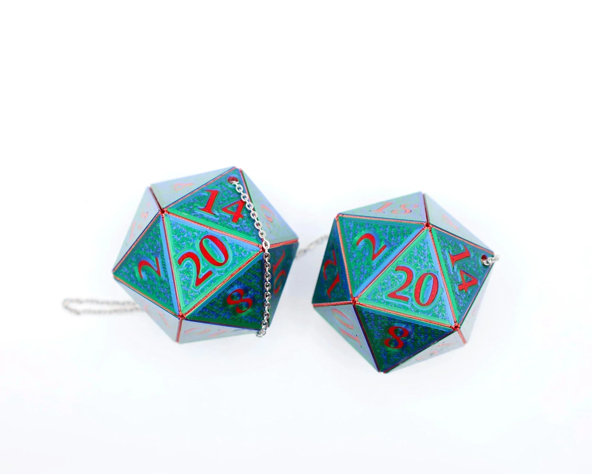 Holographic teal twenty-sided dice car charm with red numbers on silver chain