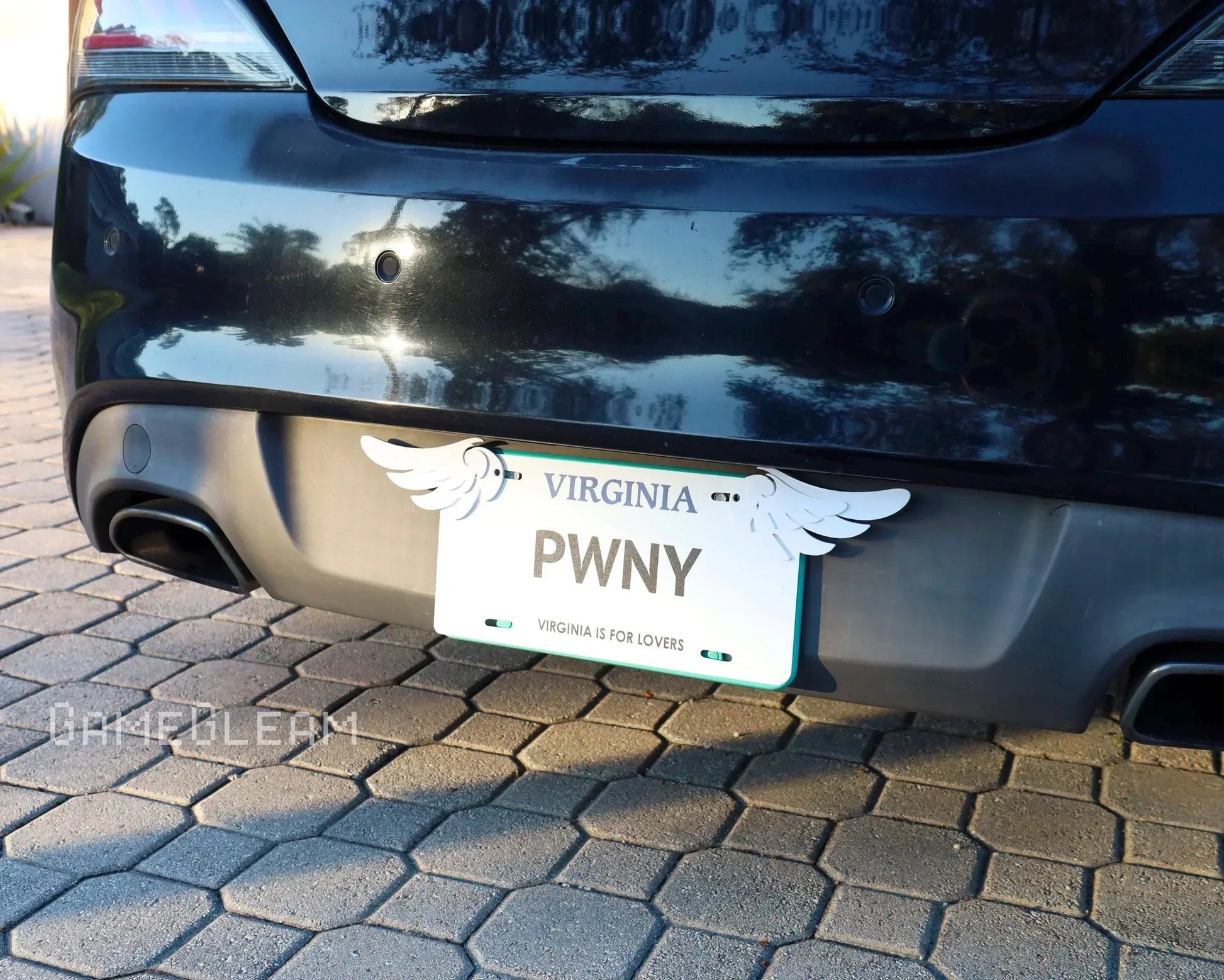Custom car license plate with wing-shaped white decor on dark vehicle, parked on stone driveway