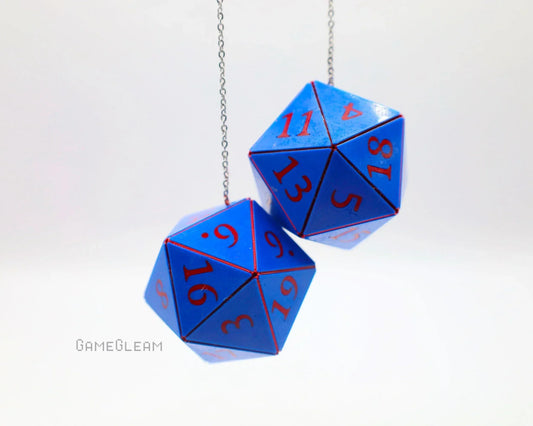 Blue 20-sided dice car charm with red numbers on silver chains, gamer gift accessory