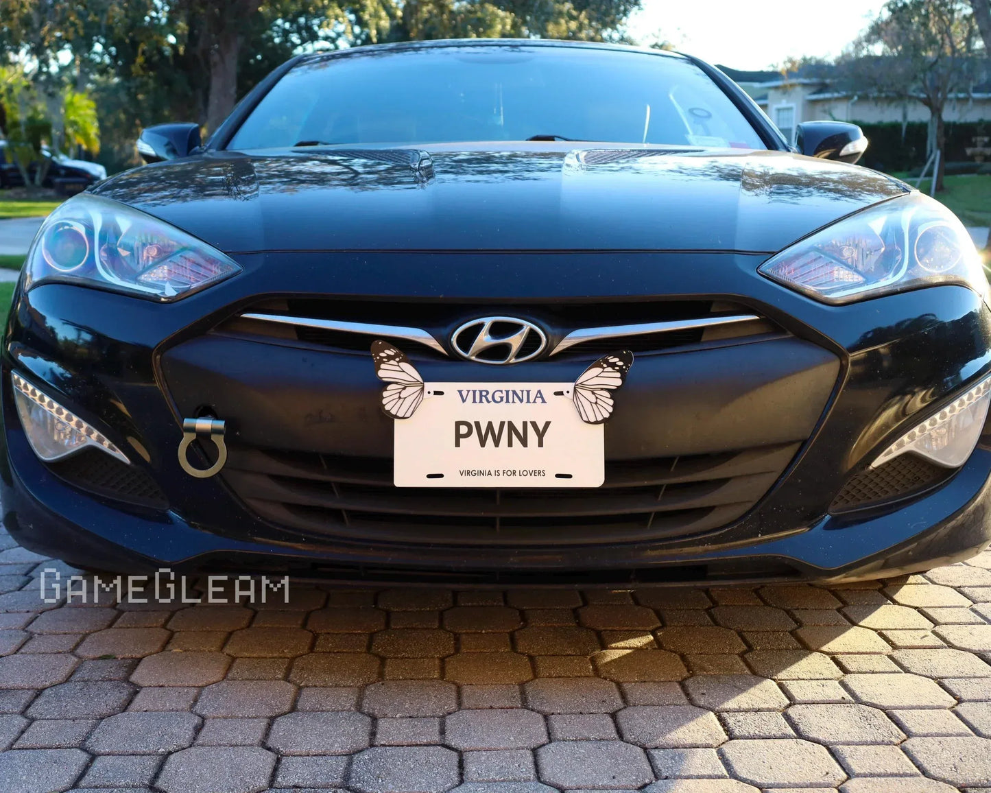 Black Hyundai car with custom Virginia license plate reading PWNY and butterfly stickers