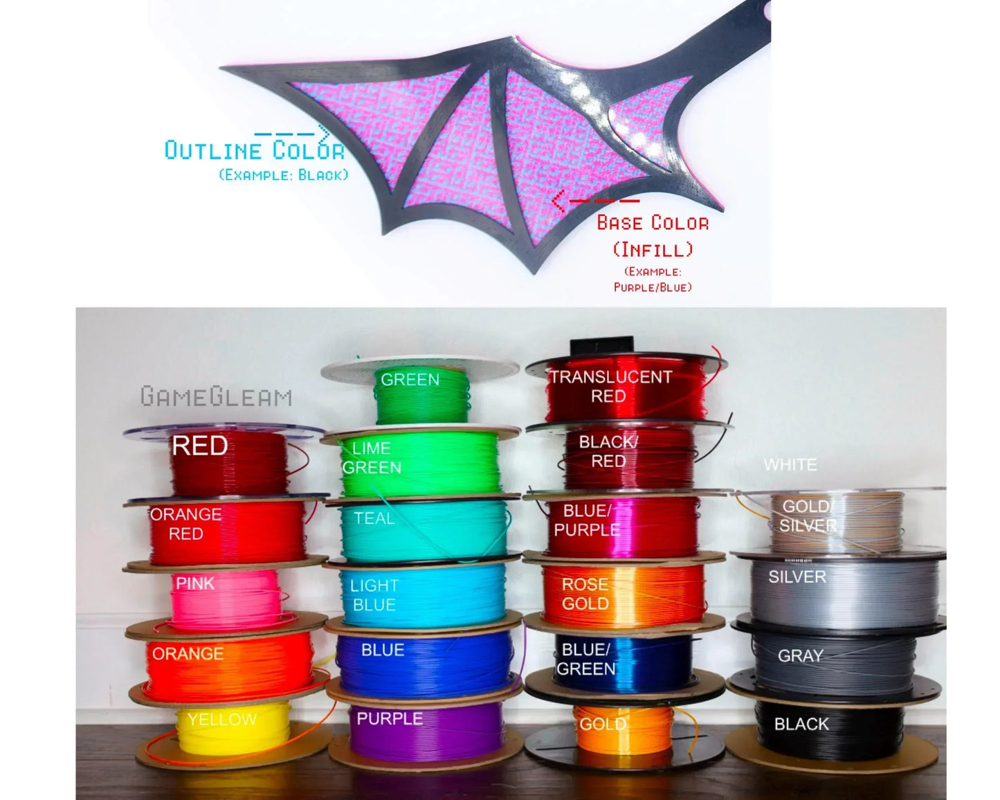 Assorted spools of colorful 3D printer filament with labeled colors and a dragon wing sample.