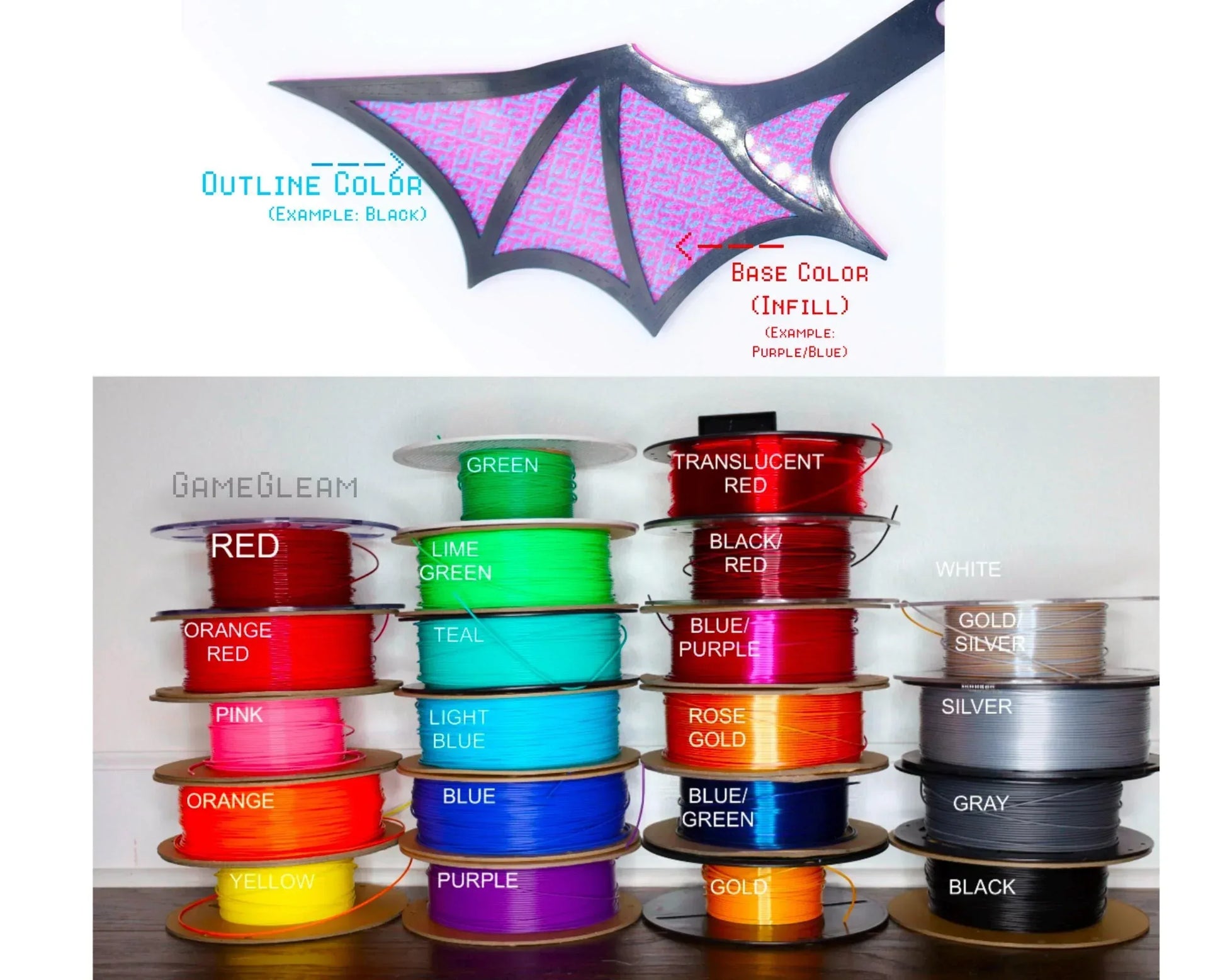 Assorted spools of colorful 3D printer filament with labeled colors and a dragon wing sample.