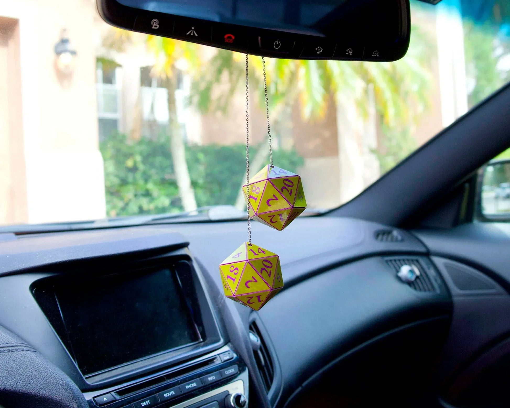 Yellow and purple 20-sided dice hanging car charm for tabletop RPG fans
