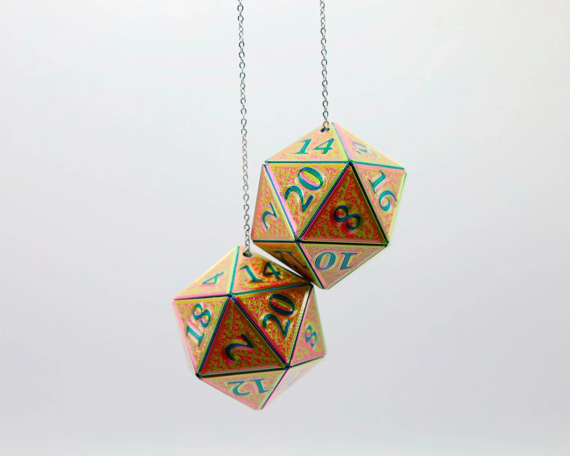 Holographic twenty-sided dice car charms on chains, colorful gamer gift accessory
