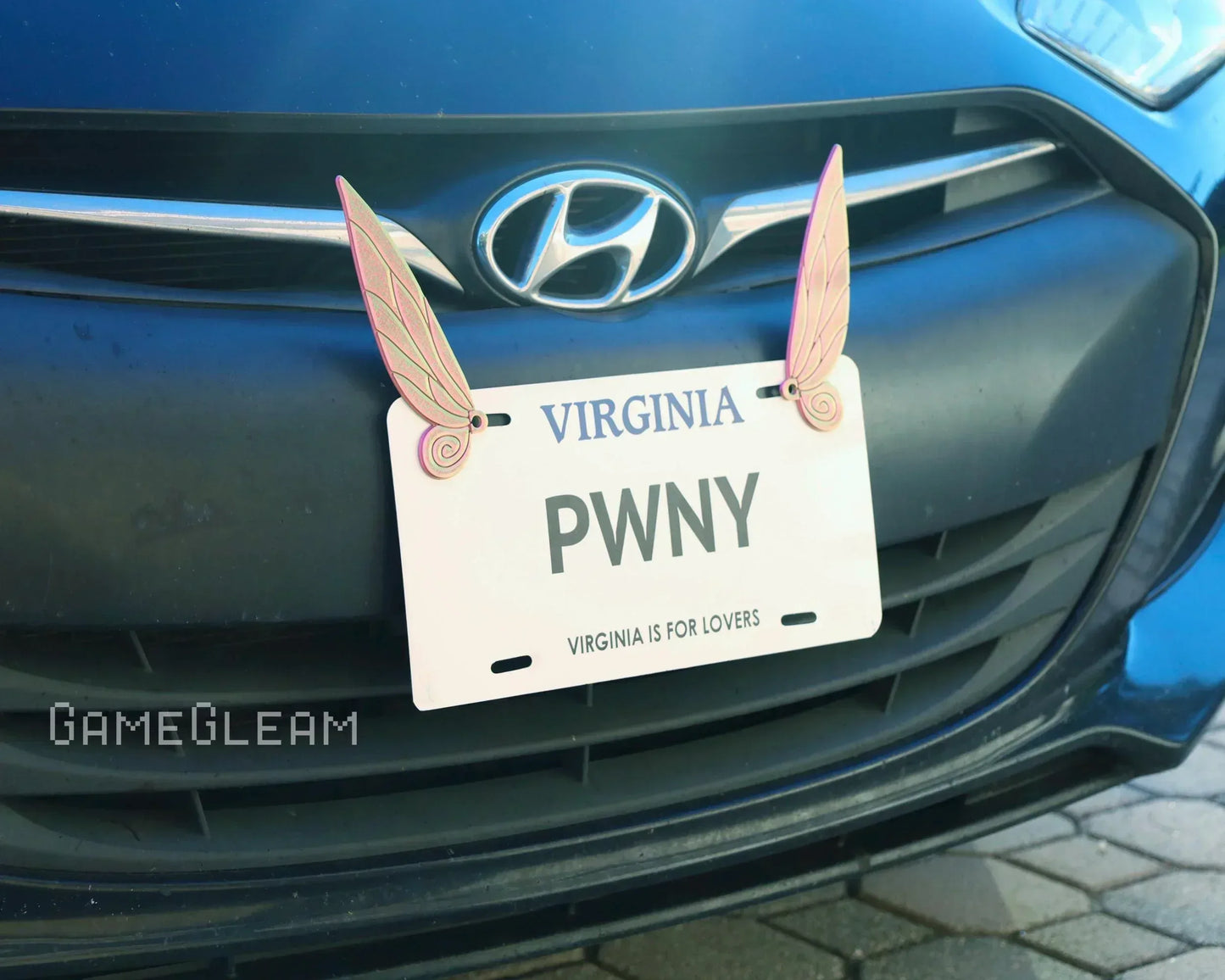 Novelty Virginia license plate reading 'PWNY' with pink fantasy wings on the front of a blue car.