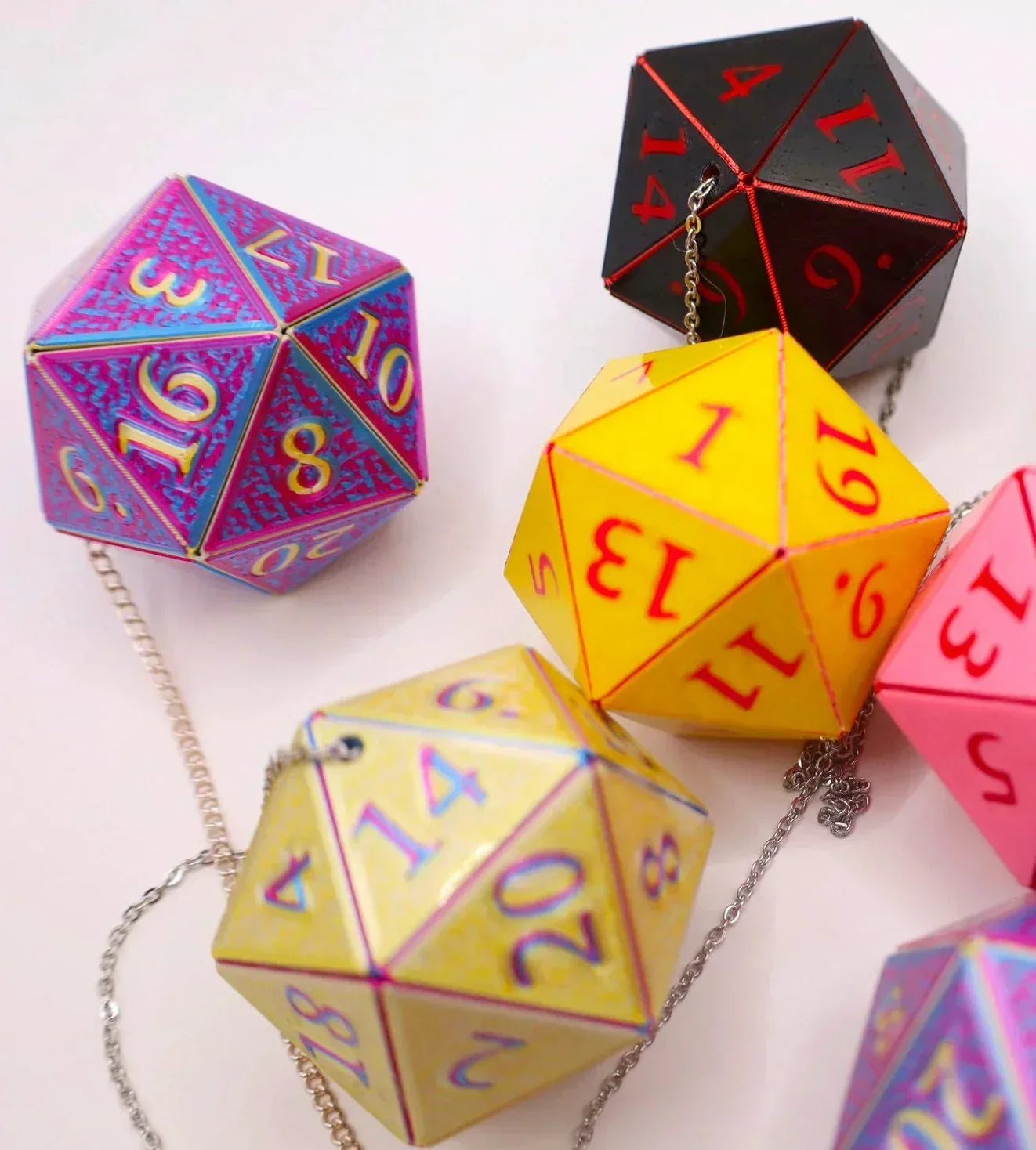 Colorful handmade D20 dice car charms with chains for tabletop gamer gifts and accessories