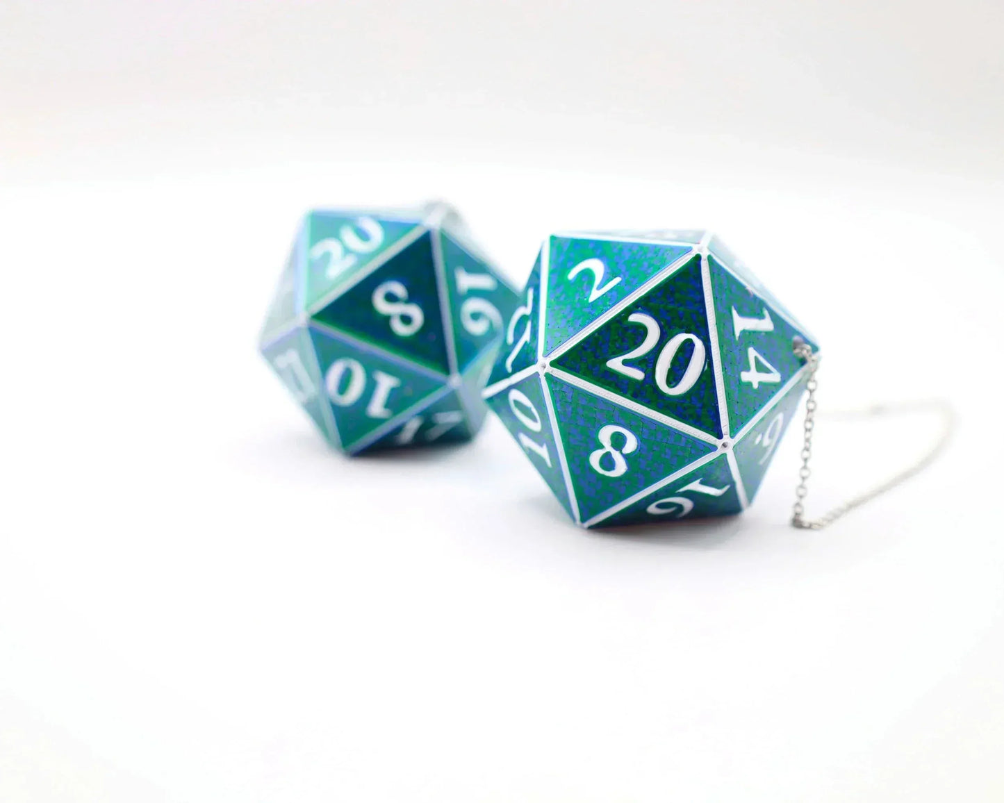 Holographic teal twenty-sided dice charm with silver chain for car or home decor
