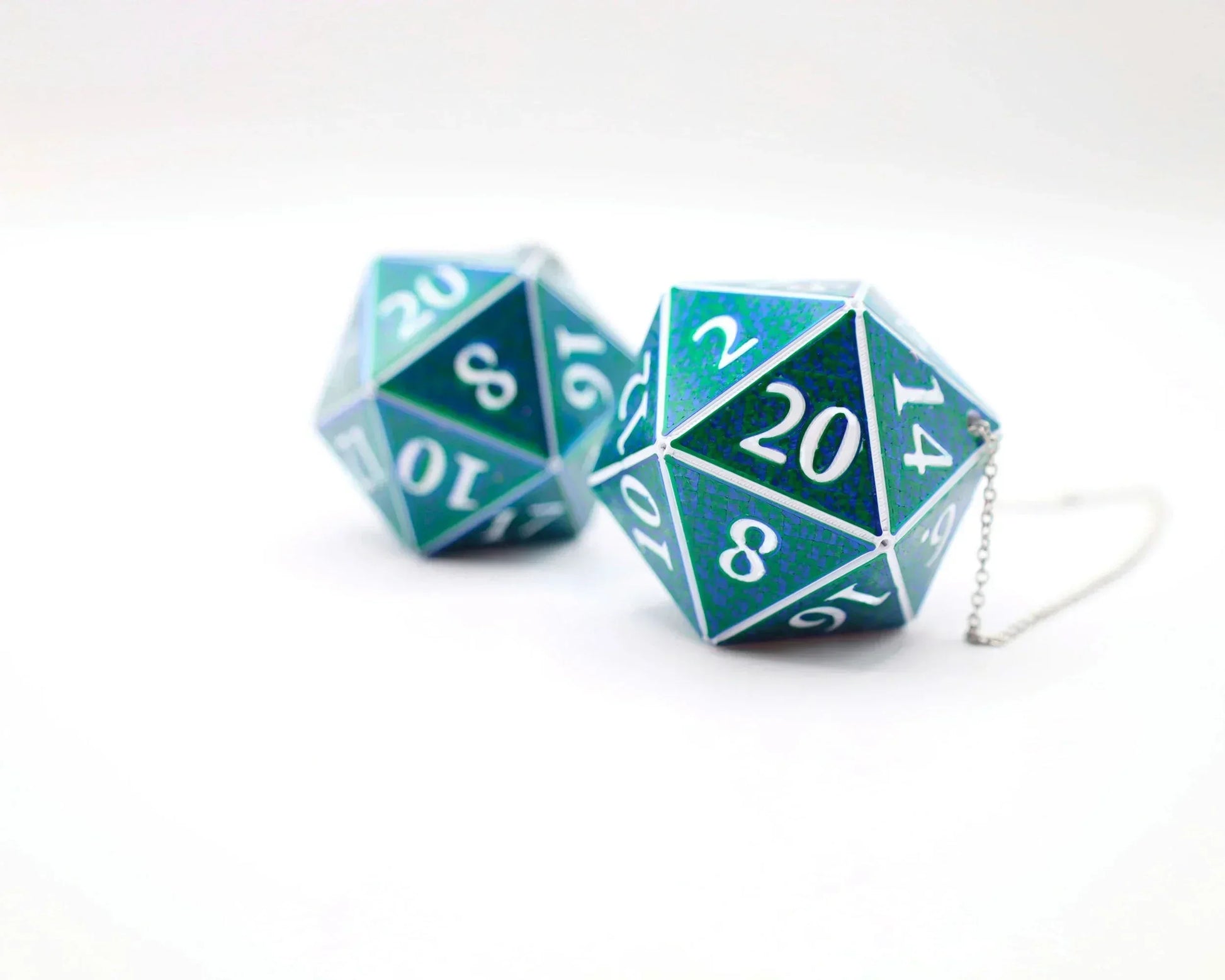 Holographic teal twenty-sided dice charm with silver chain for car or home decor