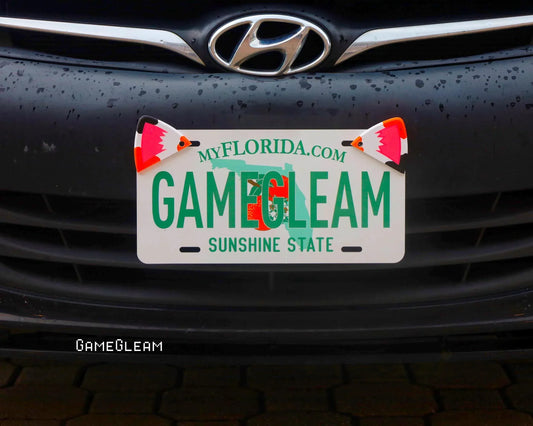 Florida license plate with playful orange and white fox ear decorations on a black car
