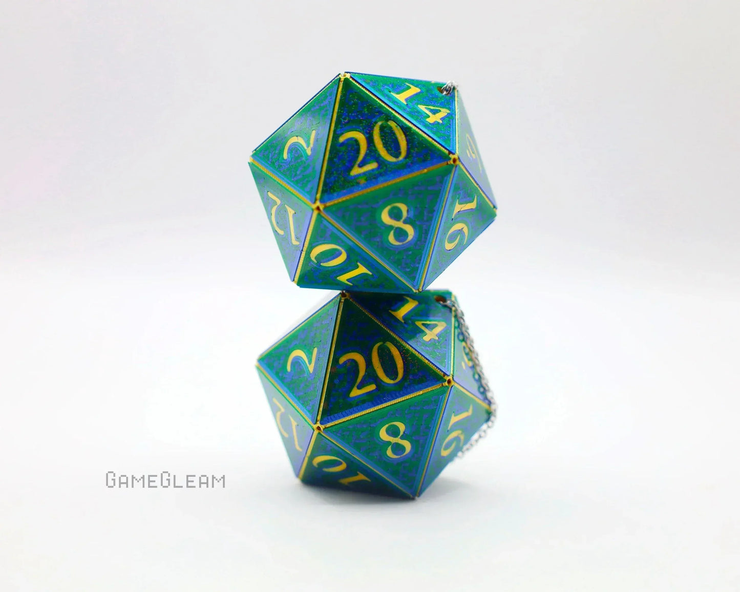 Holographic green and gold twenty-sided dice charm with chain for car or home decor