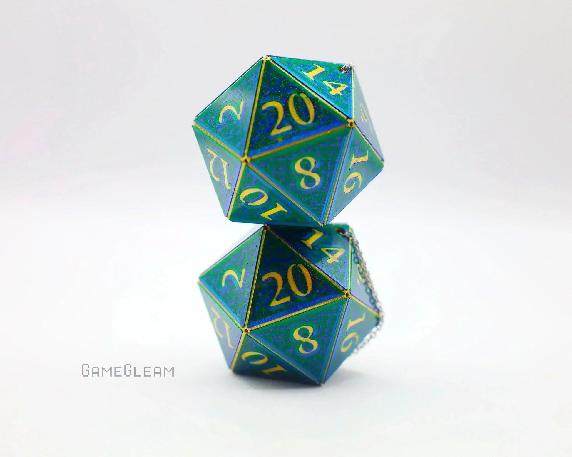 Holographic green and gold twenty-sided dice charm with chain for car or home decor