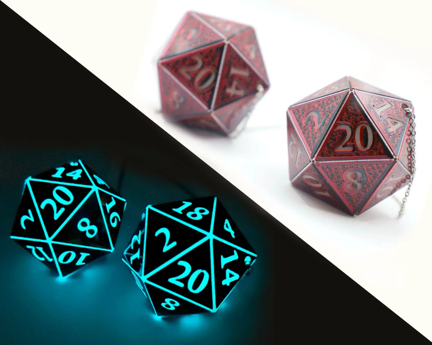Set of handmade car dice charms shaped like 20-sided dice, shown in red and glowing blue.