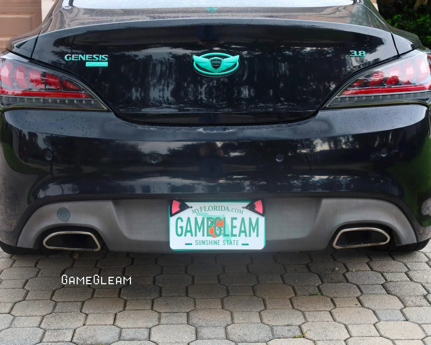 Rear view of black car with teal accents, custom GameGleam Florida license plate