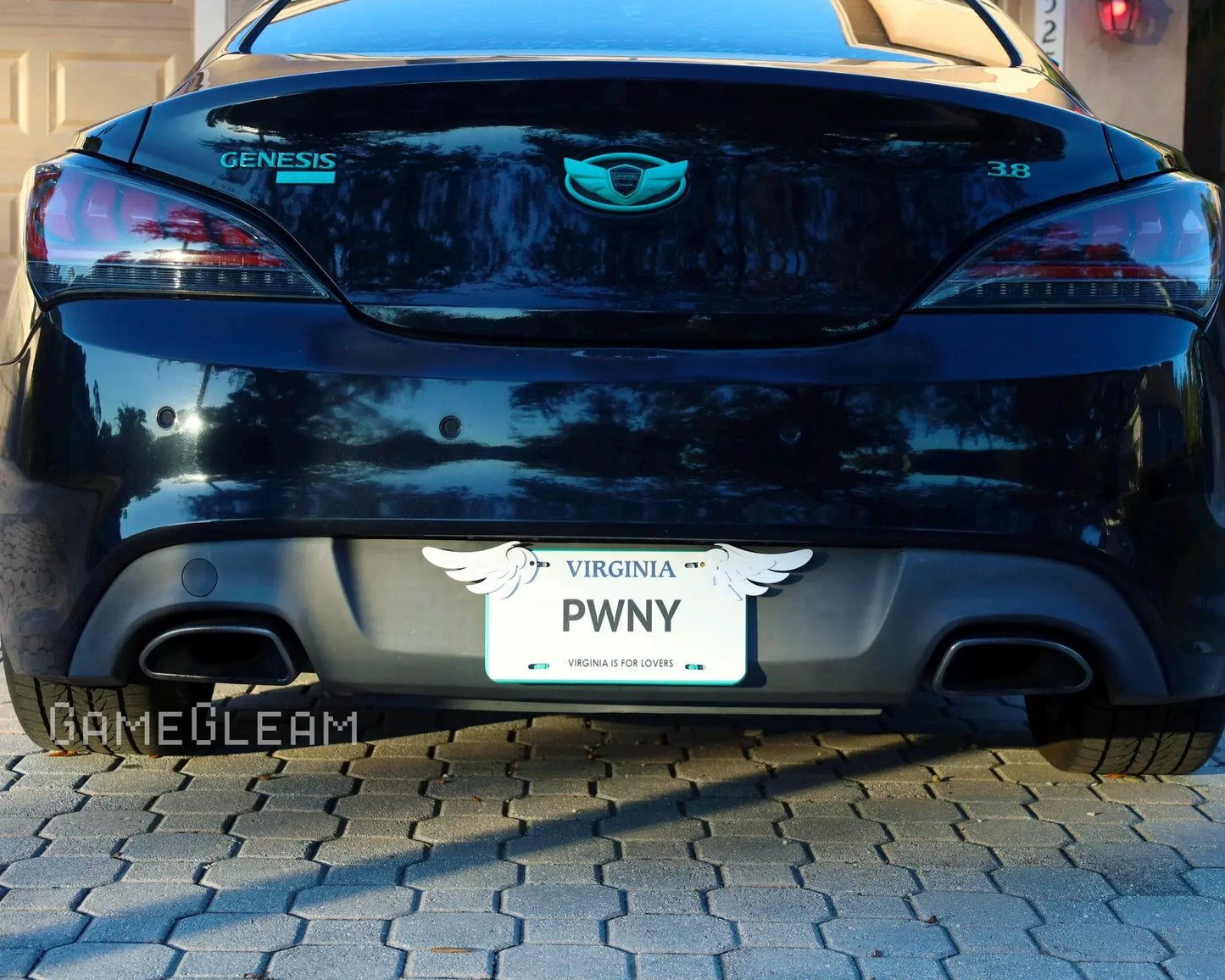 Black Genesis sports car with custom Virginia license plate and gaming-themed design.