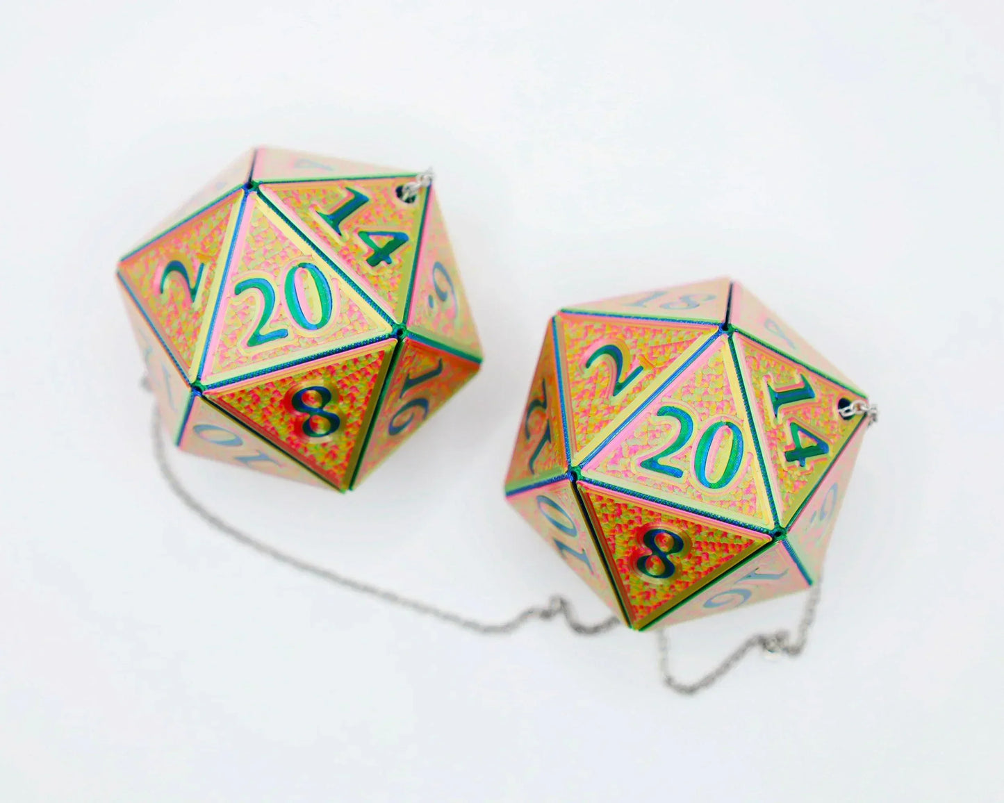 Holographic twenty-sided dice car mirrors charm with rainbow finish and metal chain