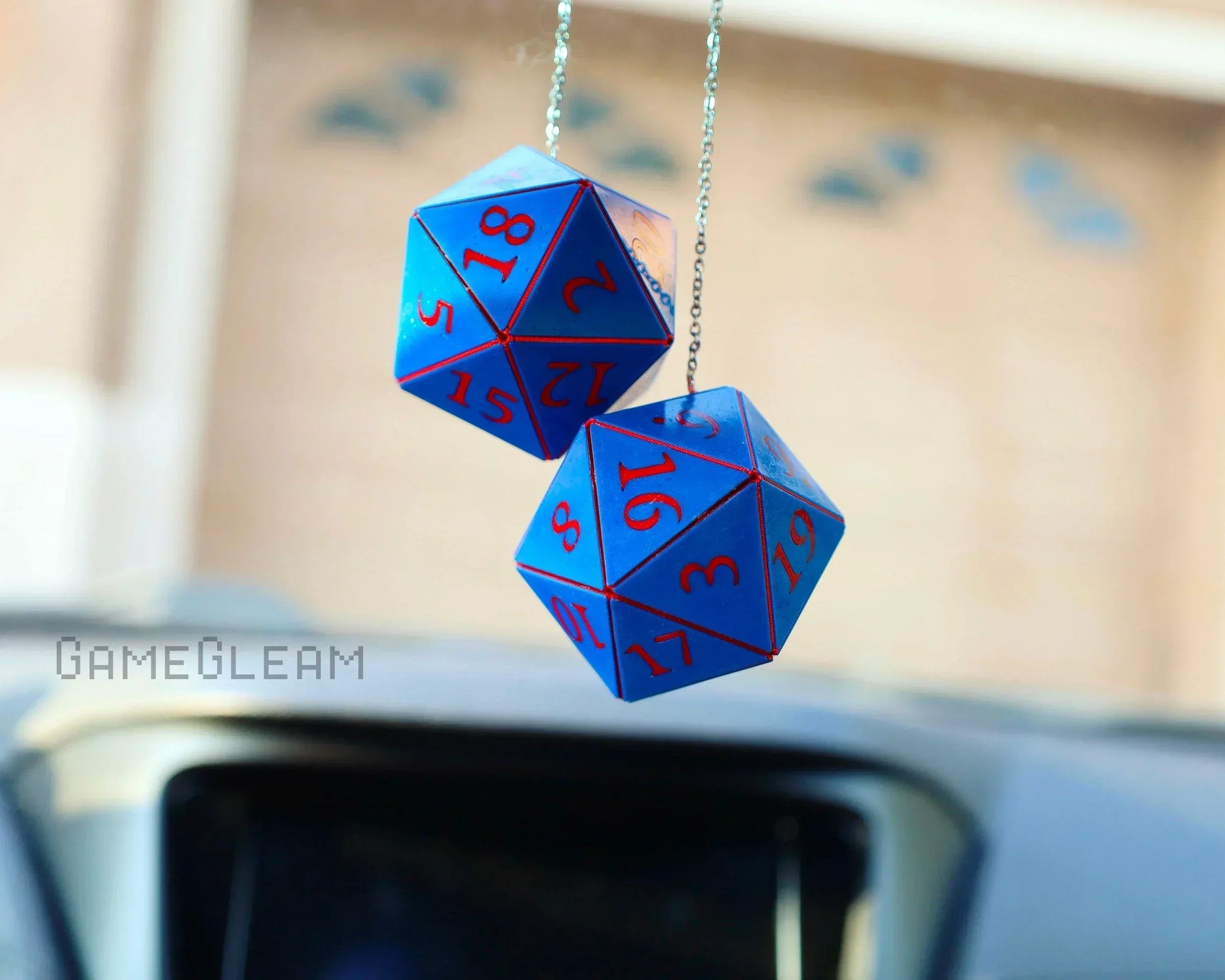 Blue twenty-sided dice car rearview mirror charm for tabletop gaming fans