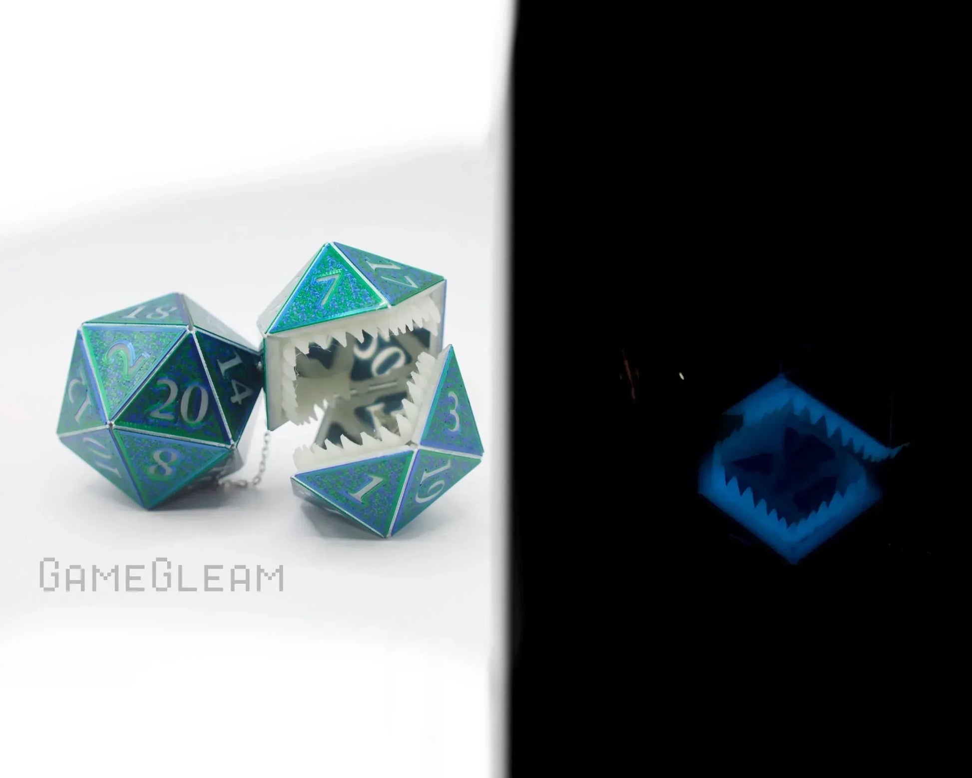 Holographic blue twenty-sided dice charm with teeth, glow in the dark, for gamer car decor.
