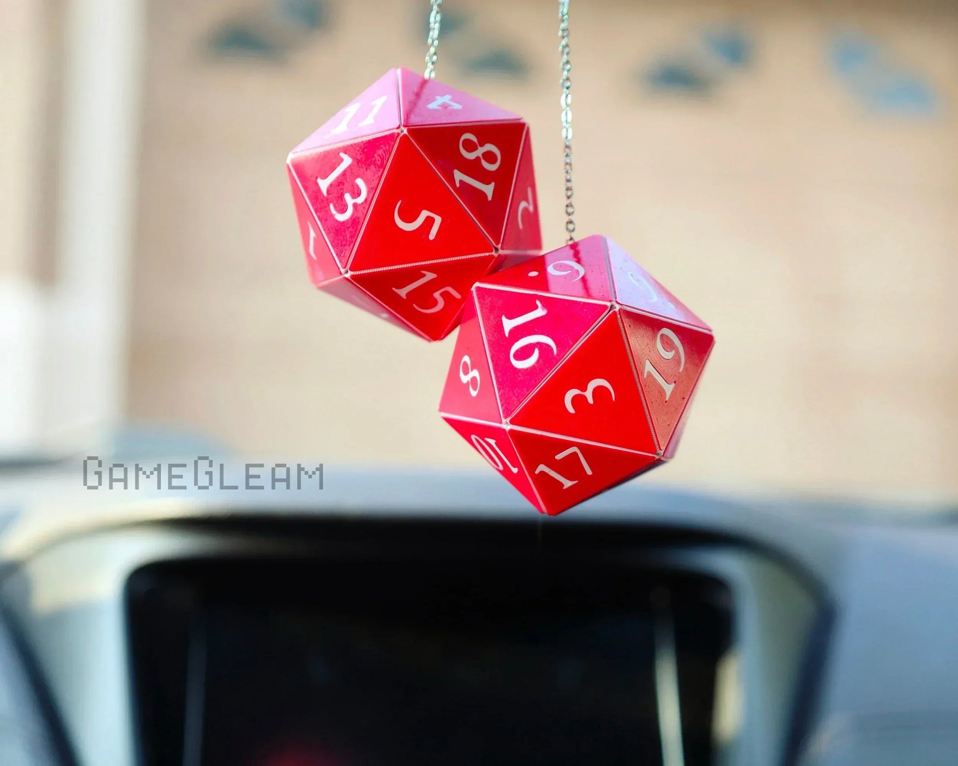 Red twenty-sided dice hanging as car rearview mirror charms, handmade gamer gift